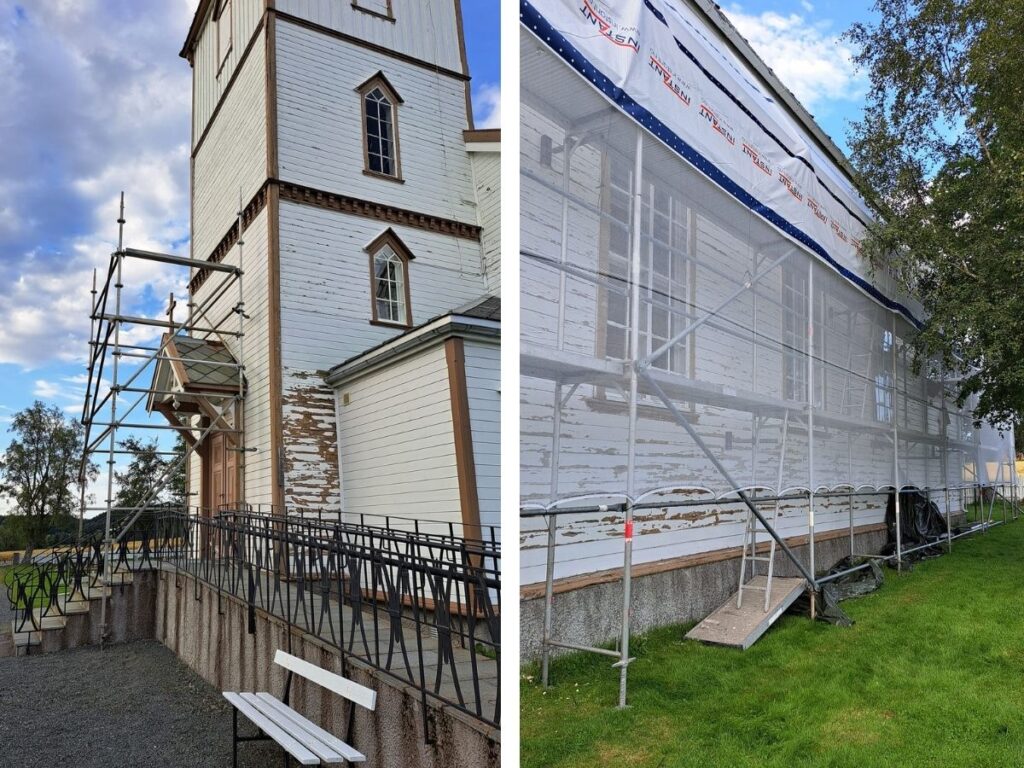 Forarbeid under restaurering på Okkenhaug kirke